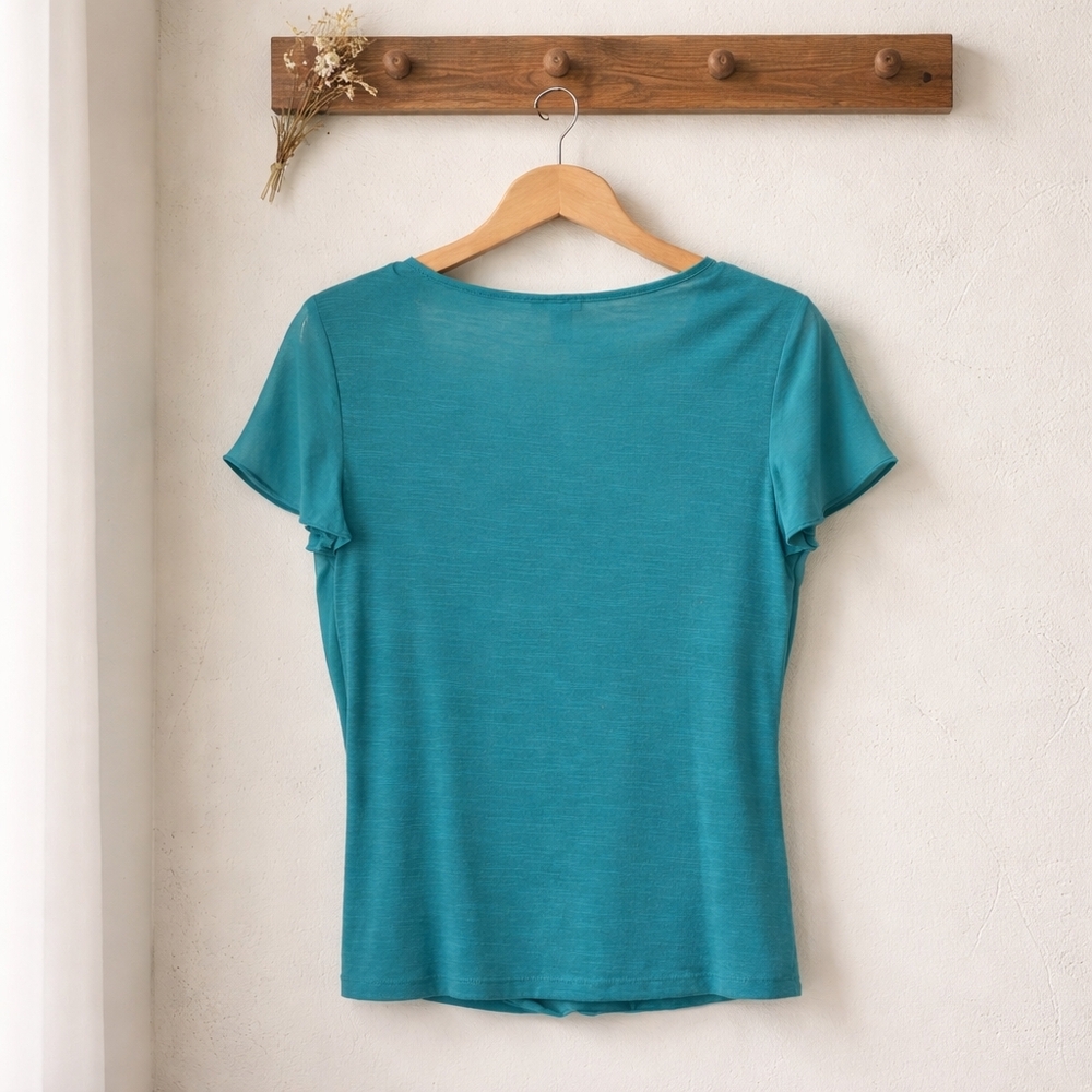 New Directions Teal Draped Short-Sleeve Blouse long beaded statement necklace Sm - Picture 8 of 15